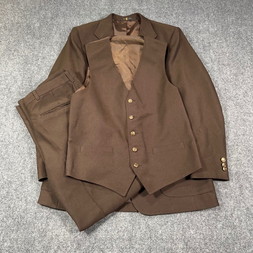 VTG 70's Haggar Magic Stretch 3-Piece Suit Mens 40 Brown Blazer Vest Pants USA